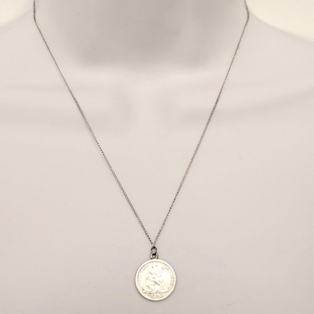 VICTORIAN Love Token Coin Necklace 1876 Seated Liberty Sterling Silver